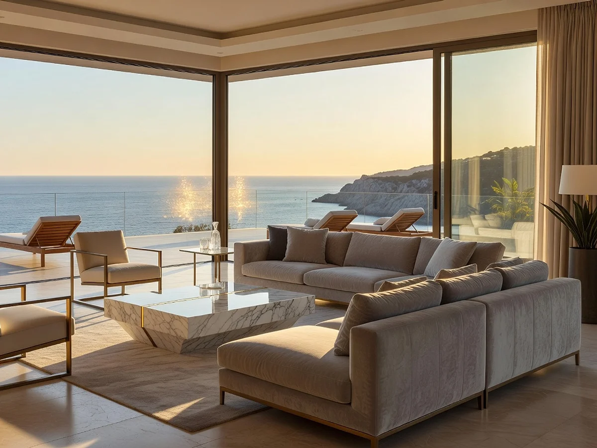 Salón del ático abierto a la terraza con vistas al mar