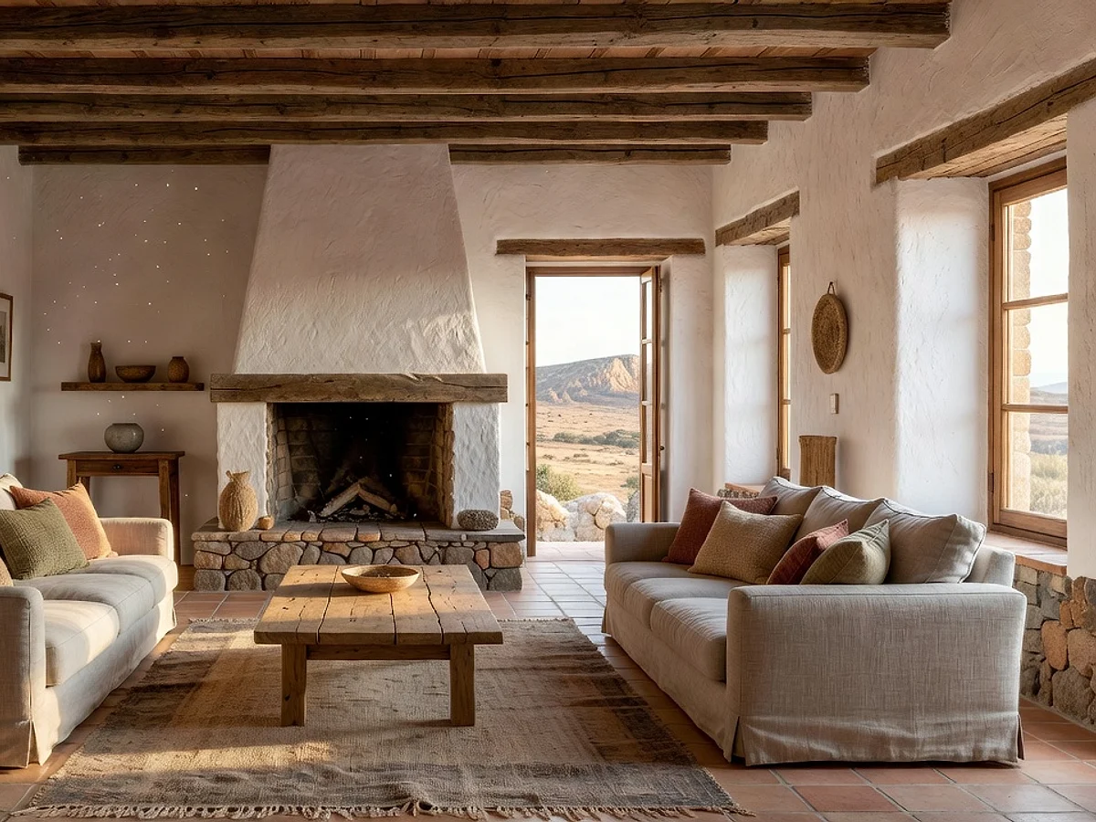 Salón rústico-chic con vigas de madera y piedra natural