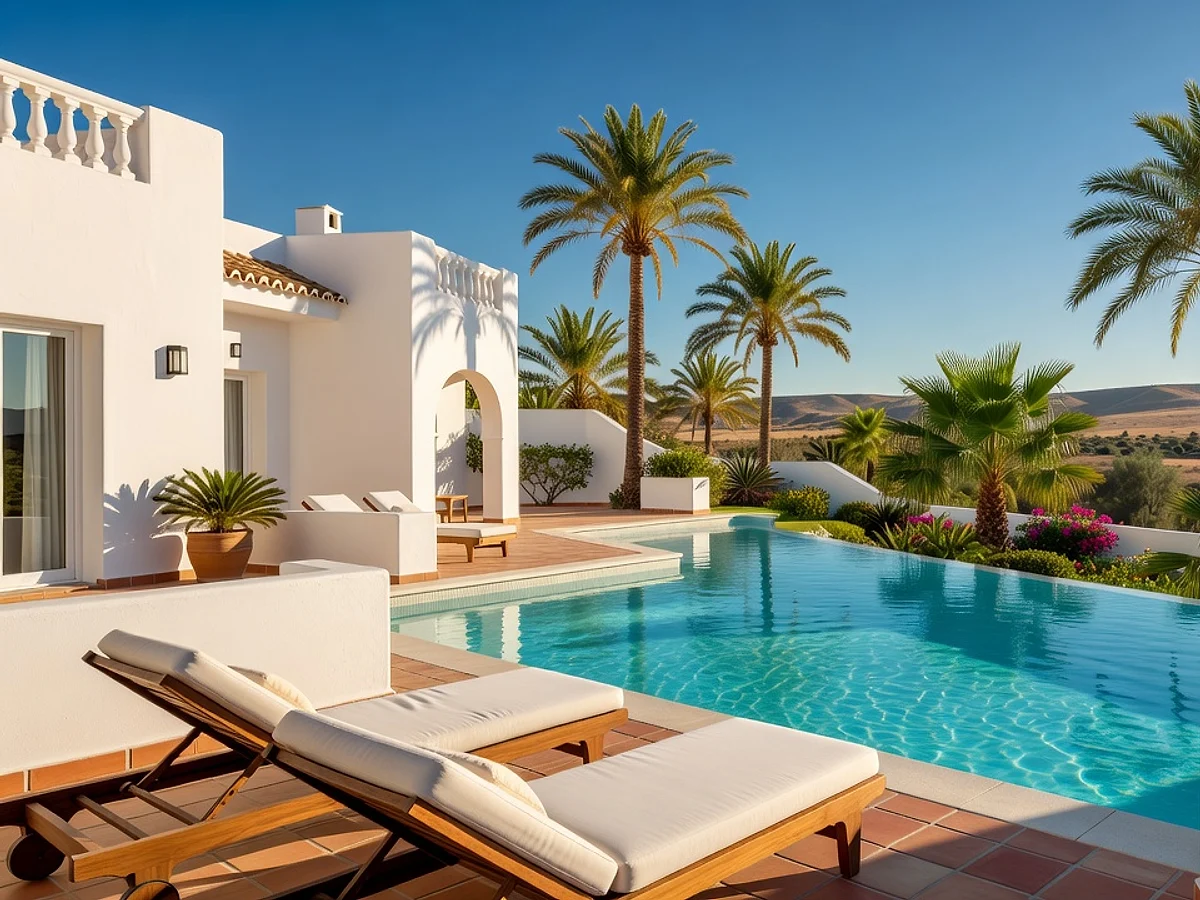 Piscina y jardín de palmeras de la vivienda